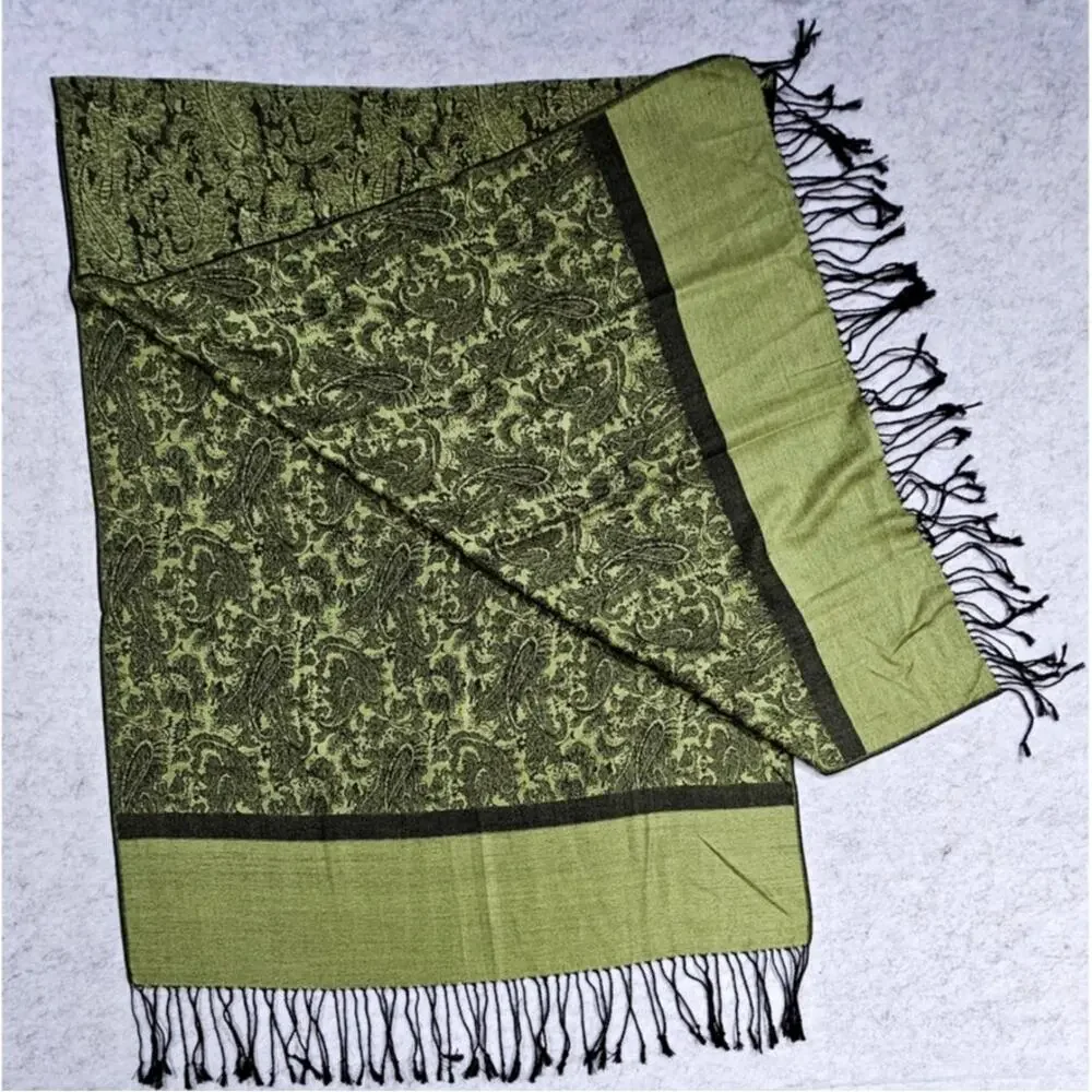 Pashmina Scarf /Wrap 70% Cashmere, 30% Silk Green Jacquard Fringe 28x72 New - Picture 1 of 6